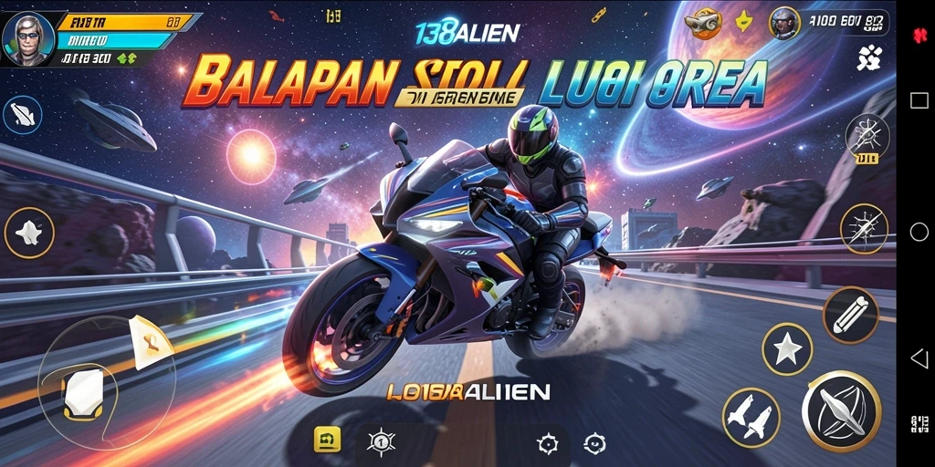 Gameplay seru 138ALIEN dengan balapan motor futuristik.