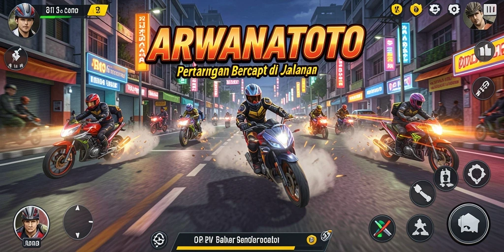 Tampilan aksi balap seru dalam ARWANATOTO dengan mobil berkecepatan tinggi.
