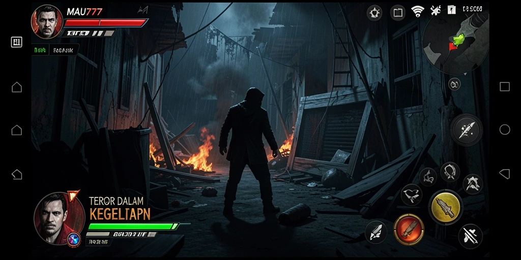 Screenshot gameplay MAU777 menampilkan suasana horor yang mencekam.