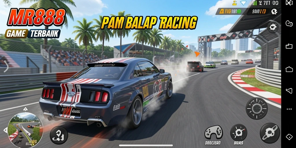 Gameplay Racing intens di MR888 dengan berbagai mobil dan trek menantang.