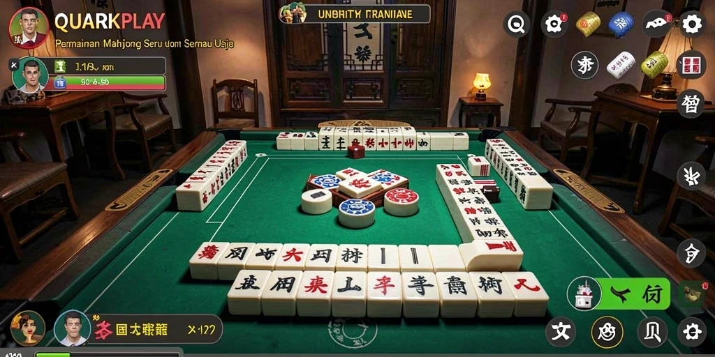 Screenshot gameplay QUARKPLAY menampilkan aksi Mahjong yang seru dan penuh warna.
